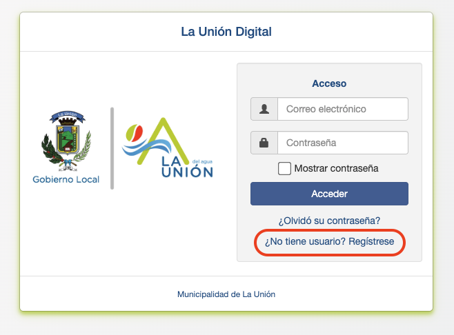 Pantalla de acceso a La Unión Digital, con el enlace &ldquo;¿No tiene usuario? Regístrese&rdquo; resaltado