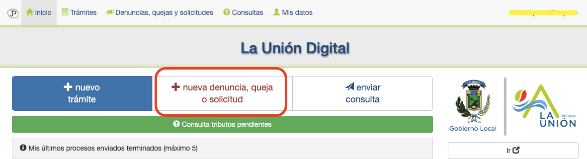 Pantalla de inicio de La Unión Digital, con el botón &ldquo;nueva denuncia, queja o solicitud&rdquo; resaltado