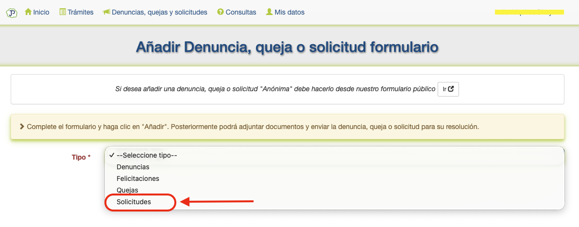 Formulario de Añadir Denuncia, con la opción &ldquo;Solicitudes&rdquo; resaltada en el menú desplegable de Tipo