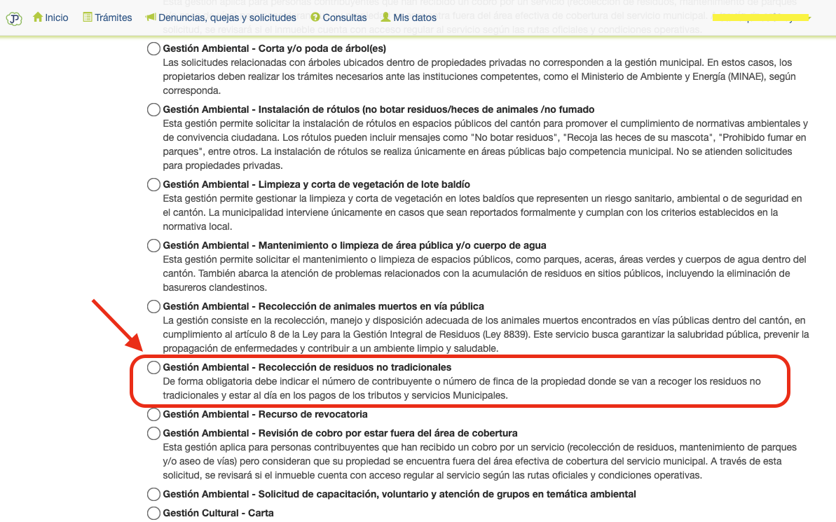Lista de categorías de Gestión Ambiental, con &ldquo;Recolección de residuos no tradicionales&rdquo; resaltada