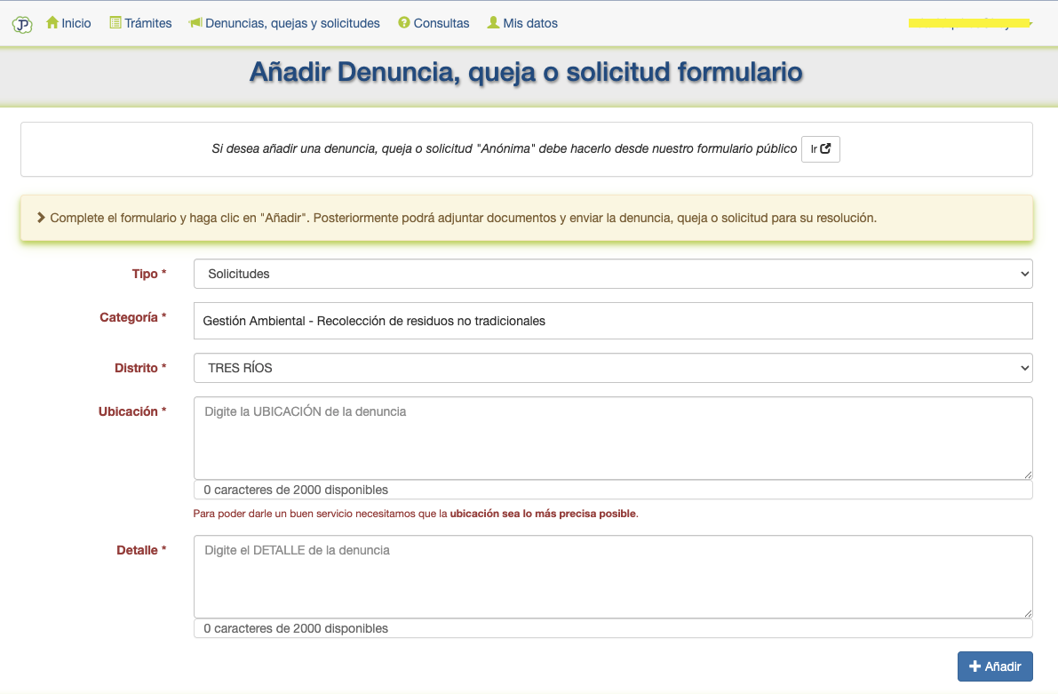 Formulario completo con los campos Tipo, Categoría, Distrito, Ubicación y Detalle