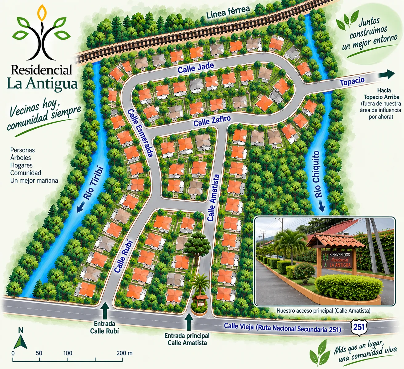 Mapa de Residencial La Antigua: calles Jade, Zafiro, Esmeralda, Amatista y Rubí, entradas principales por Calle Rubí y Calle Amatista, ríos Tiribí y Chiquito, y acceso desde la Calle Vieja (ruta nacional 251).