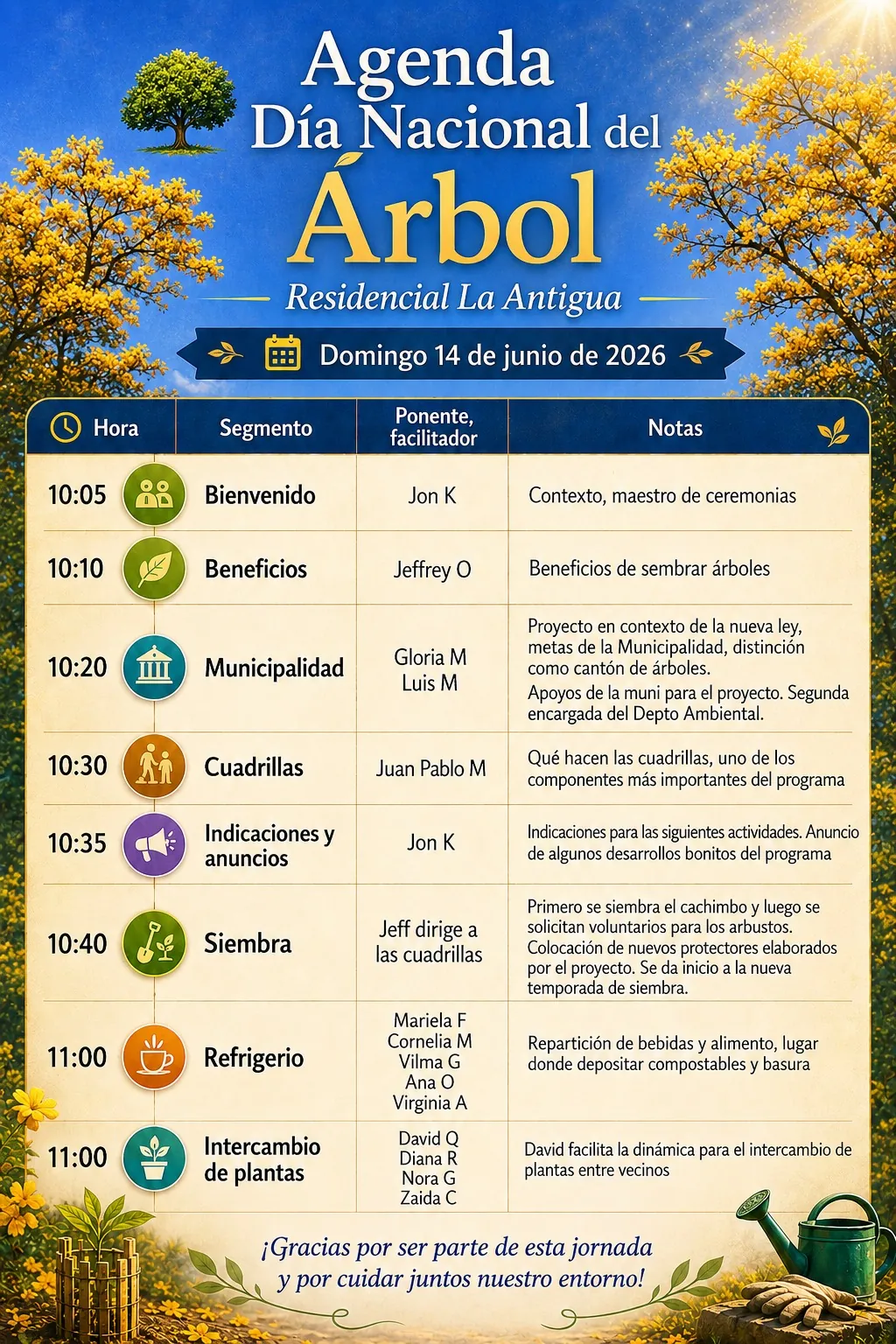 Agenda para la actividad del Día Nacional del Árbol